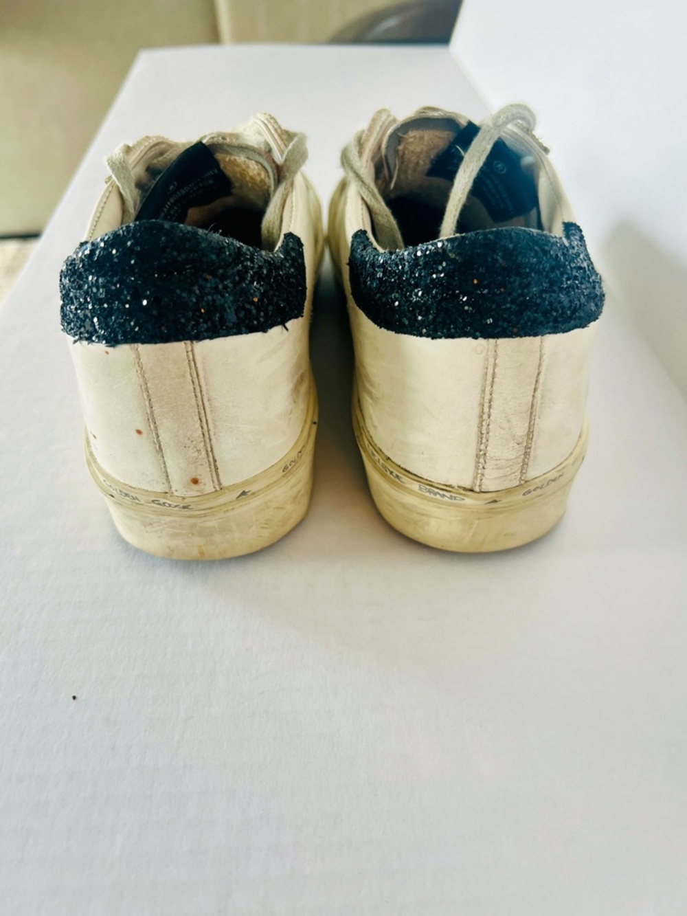 Golden Goose White Leopard Print Star Sneakers with Black Glitter Heel - Picture 4 of 5